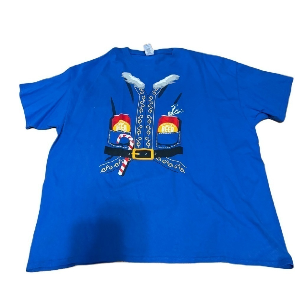 Beer Holder Santa Claus T-shirt 2X Blue Short Sleeve Christmas